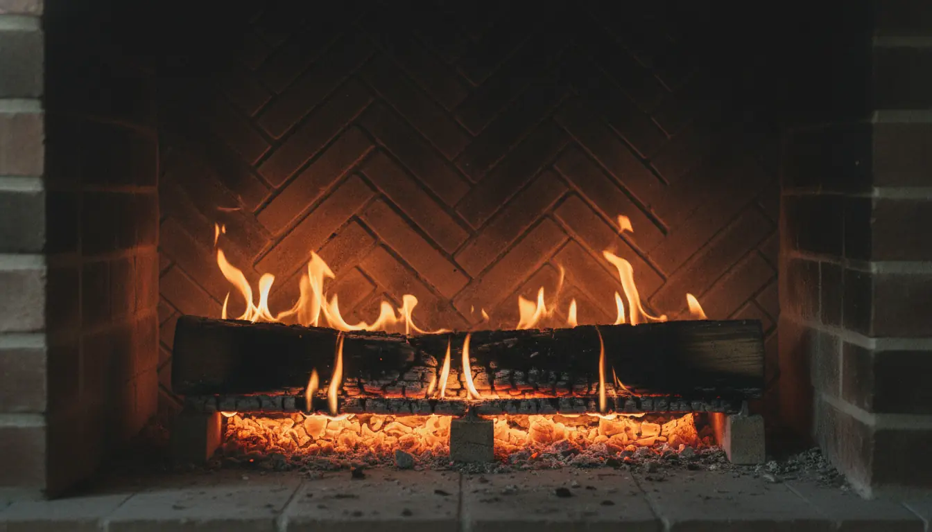 Glowing embers over oak logs in a clean masonry firebox with a herringbone firebrick wall