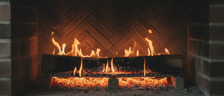 Low flames and glowing embers over logs in a clean masonry firebox with a herringbone firebrick back wall