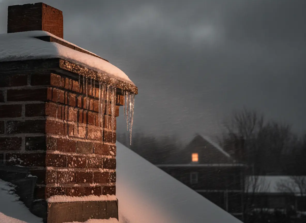 Snow-covered brick chimney with icicles under a grey lake-effect winter sky